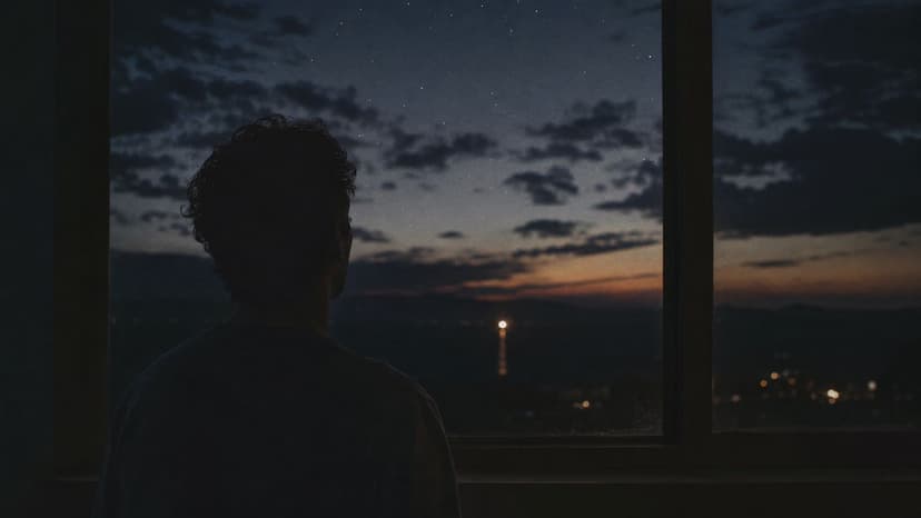 A person viewed from behind looks out of a window at a dark, starry twilight sky.