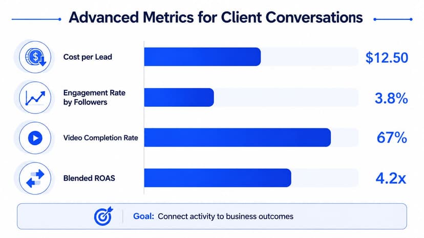 A performance dashboard visualizing advanced social media metrics including Cost per Lead, Engagement Rate, Video Completion Rate, and ROAS.