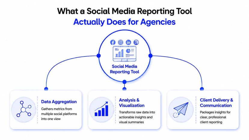 A diagram illustrating how social media reporting tools aggregate data, visualize analytics, and improve client communication for agencies.