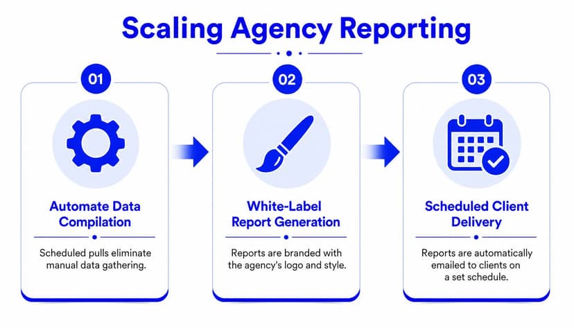 A three-step infographic showing how to scale agency reporting through automation, white-labeling, and scheduled client delivery.