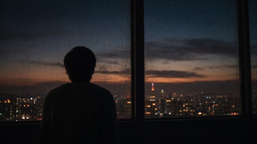 A silhouette of a person looking out a window at a dark rainy cityscape at night.