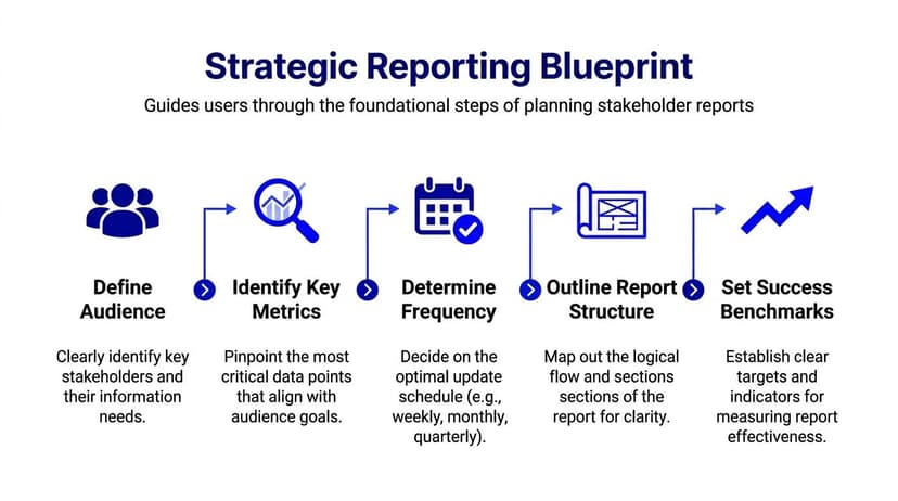 A strategic reporting blueprint infographic showing five essential steps for planning effective professional stakeholder reports.