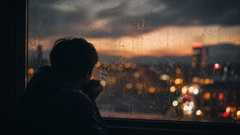 A silhouette of a person looking out a window at a rainy city sunset at dusk.