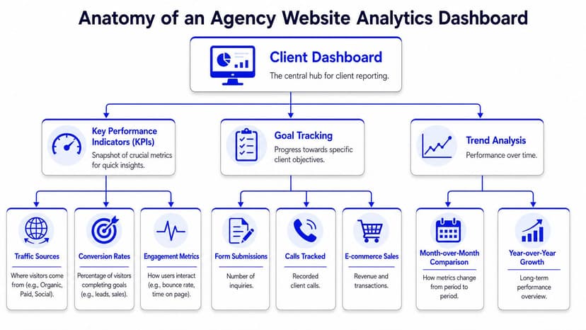 A hierarchical flowchart showing the structure of an agency website analytics dashboard including KPIs and trend analysis.