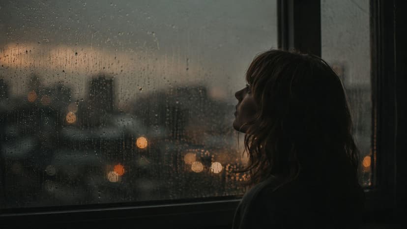 A silhouette of a woman looking out a rainy window at a dim, urban city landscape at dusk.