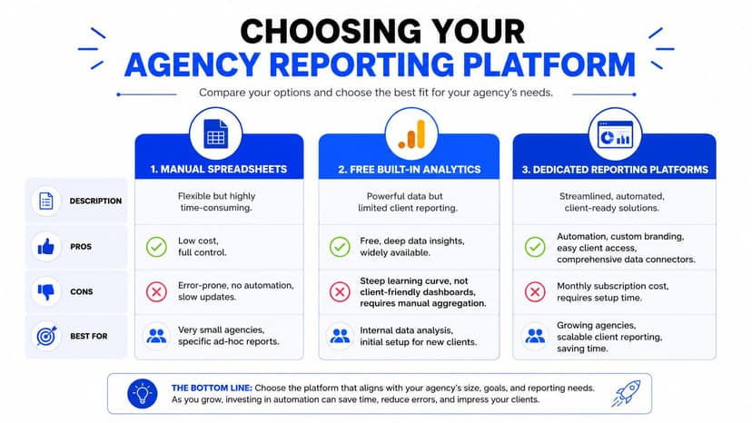 A comparison chart highlighting the differences between manual spreadsheets, built-in analytics, and dedicated agency reporting platforms.