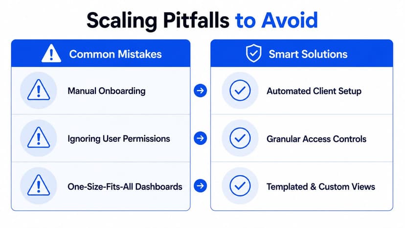 A comparison chart showing common scaling mistakes like manual onboarding versus smart solutions like automated client setup.