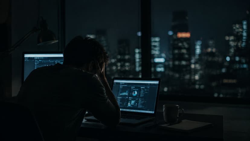 A person working late at night on a laptop with charts displayed, overlooking a blurred city skyline.