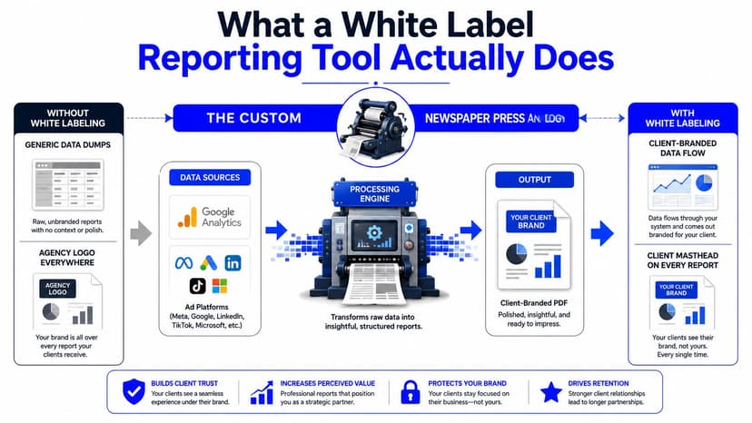 A diagram comparing generic reporting to white label reporting tools for business agencies, highlighting brand consistency benefits.