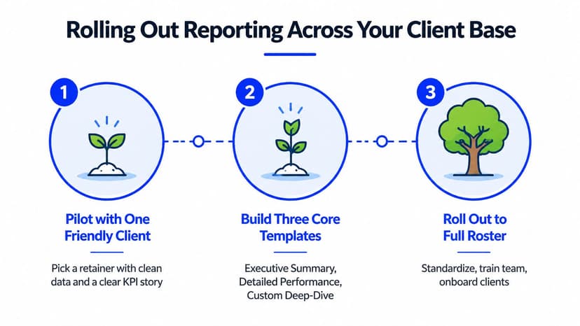 A three-step infographic titled Rolling Out Reporting Across Your Client Base, showing growth from pilot to full rollout.