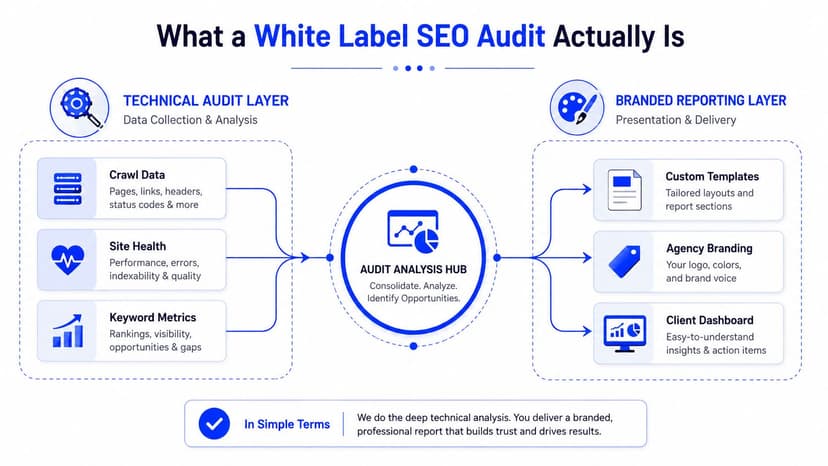 An infographic explaining the white label SEO audit process, showing technical analysis moving into branded reporting.