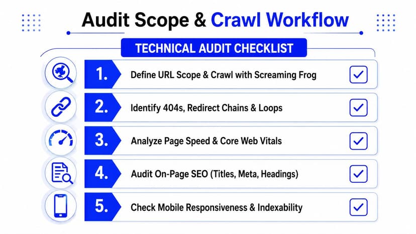 A technical SEO audit checklist infographic outlining a five-step website crawl and analysis workflow process.