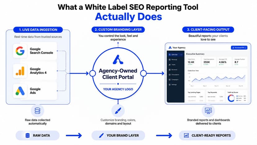 A diagram illustrating how a white label SEO reporting tool gathers, brands, and displays agency data for clients.