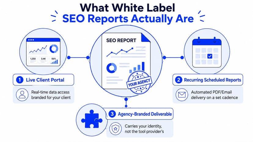 An infographic titled What White Label SEO Reports Actually Are illustrating key features of branded reporting.