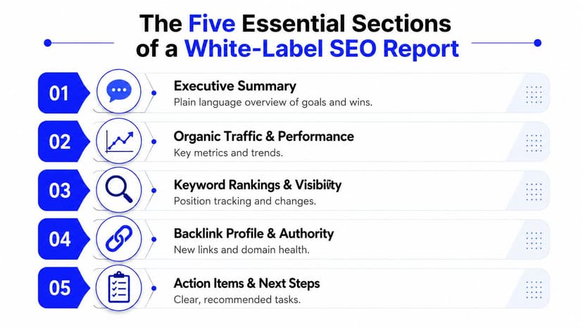 A visual guide outlining the five essential sections of an effective white label SEO report for clients.