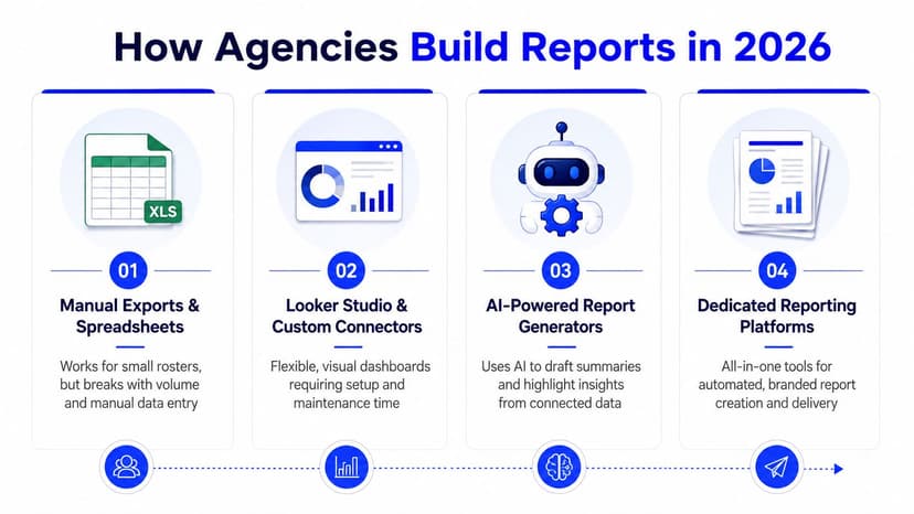 An infographic illustrating four methods agencies use to build reports, ranging from manual spreadsheets to automated platforms.