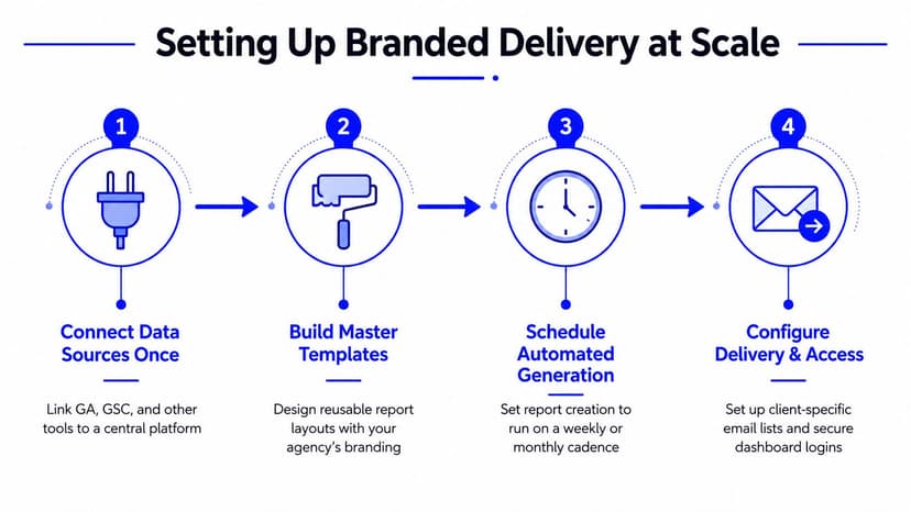 A four-step infographic illustrating the process for setting up branded reporting at scale for agencies.