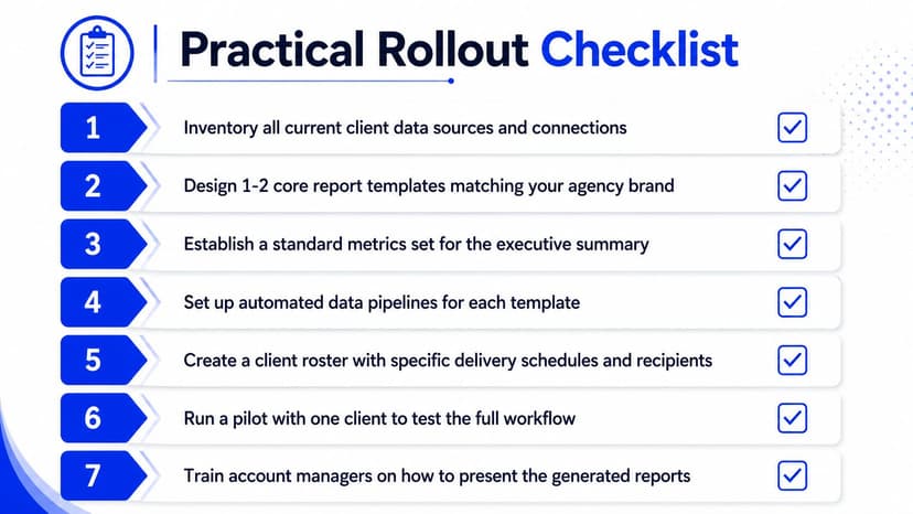 A checklist titled Practical Rollout Checklist showing seven steps for managing client report automation and delivery.