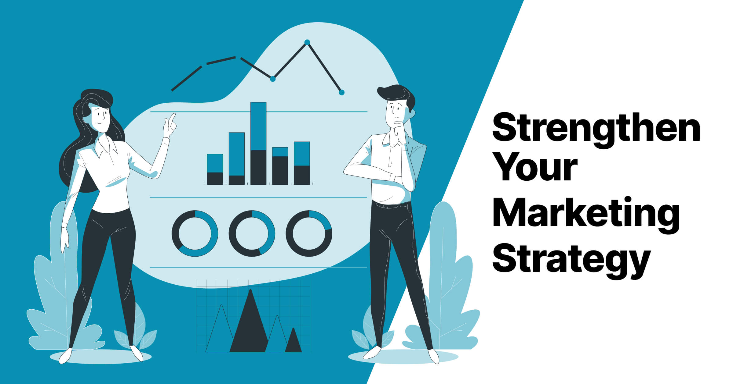 Animated graphic of professionals evaluating marketing data, with a call to action to strengthen digital marketing strategies, representing strategic planning and data analysis.