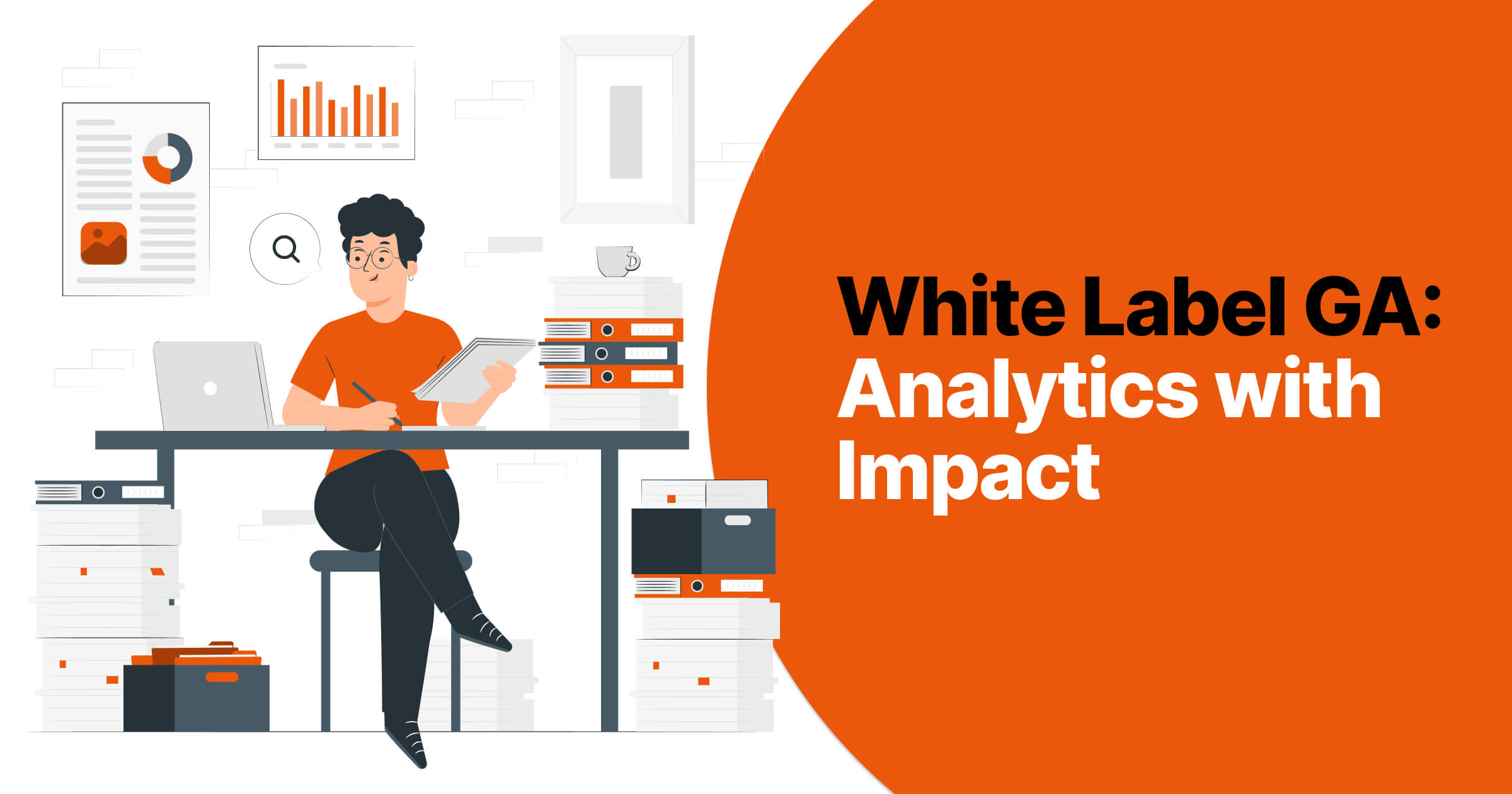 A professional analyzing 'White Label Google Analytics Reports' at a modern workspace, with charts and data insights on display, embodying the precision and customizability of advanced analytics in a corporate environment.