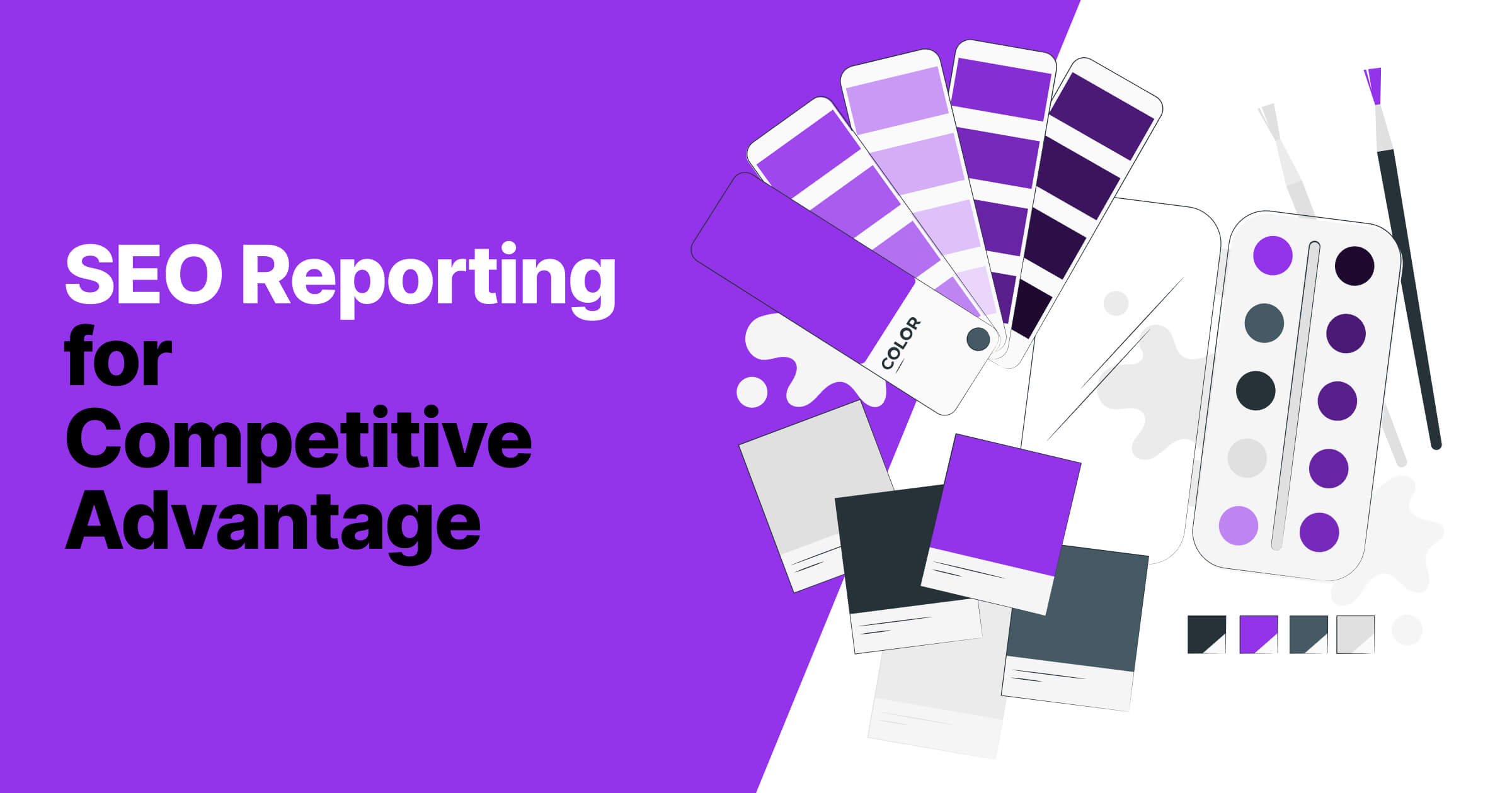 Graphic illustration of a White Label SEO Reporting Dashboard concept with color swatches and analytics tools on a purple background, symbolizing customizable SEO data presentation.