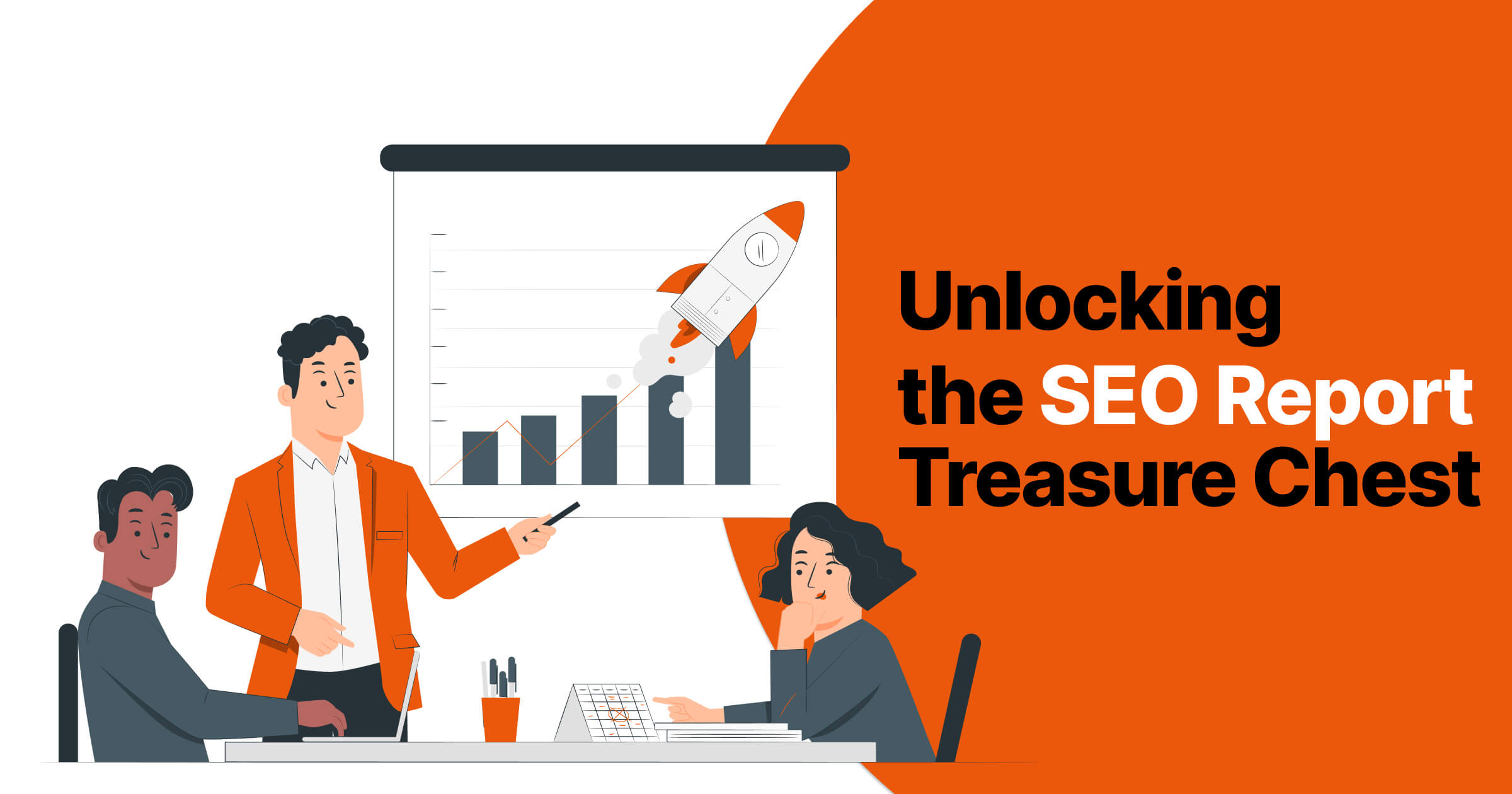 Team meeting focused on discussing the best SEO report software, with a leader presenting growth charts and a rocket illustration, against an orange backdrop titled 'Unlocking the SEO Report Treasure Chest'.