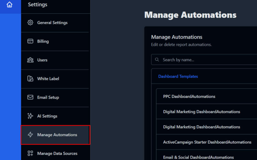 Screenshot of a digital marketing tool’s settings panel, focused on the 'Manage Automations' option for scheduling social media analytics report PDFs.