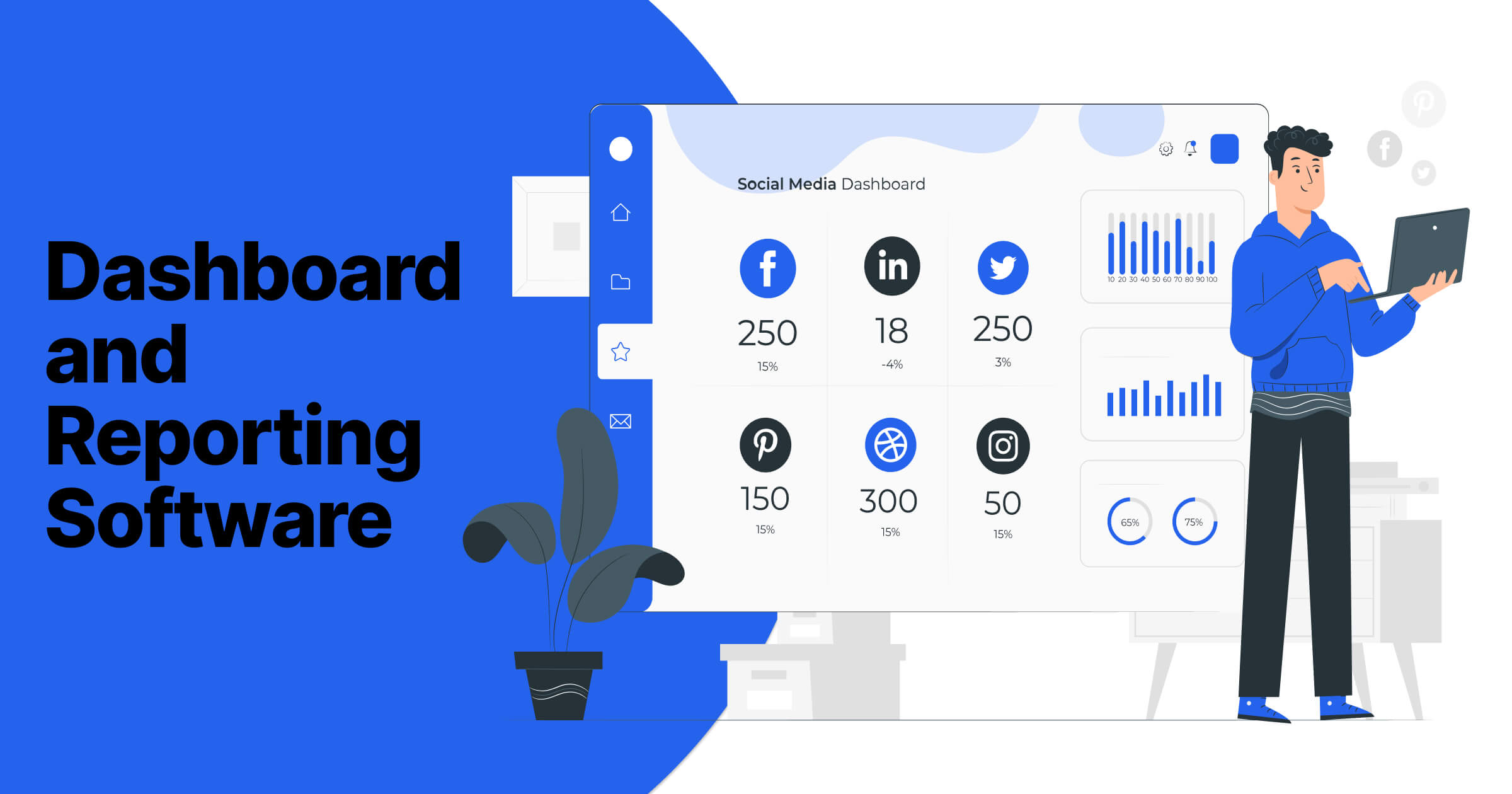 A professional standing beside a social media analytics display on Dashboard and Reporting Software, illustrating the integration of multi-platform data for comprehensive social media insights.