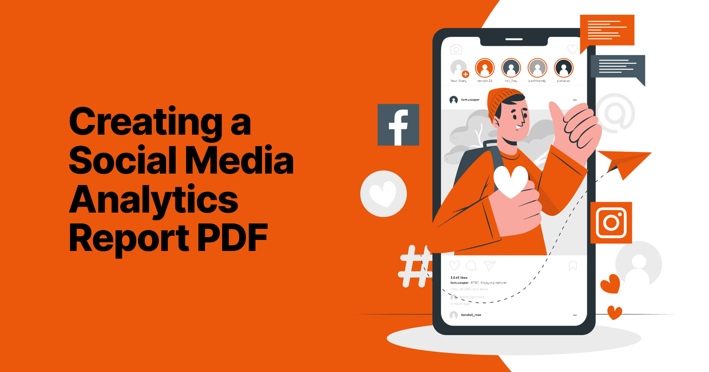 Banner for creating a social media analytics report PDF, with icons for Facebook and Instagram, and an illustrated person interacting with a smartphone.