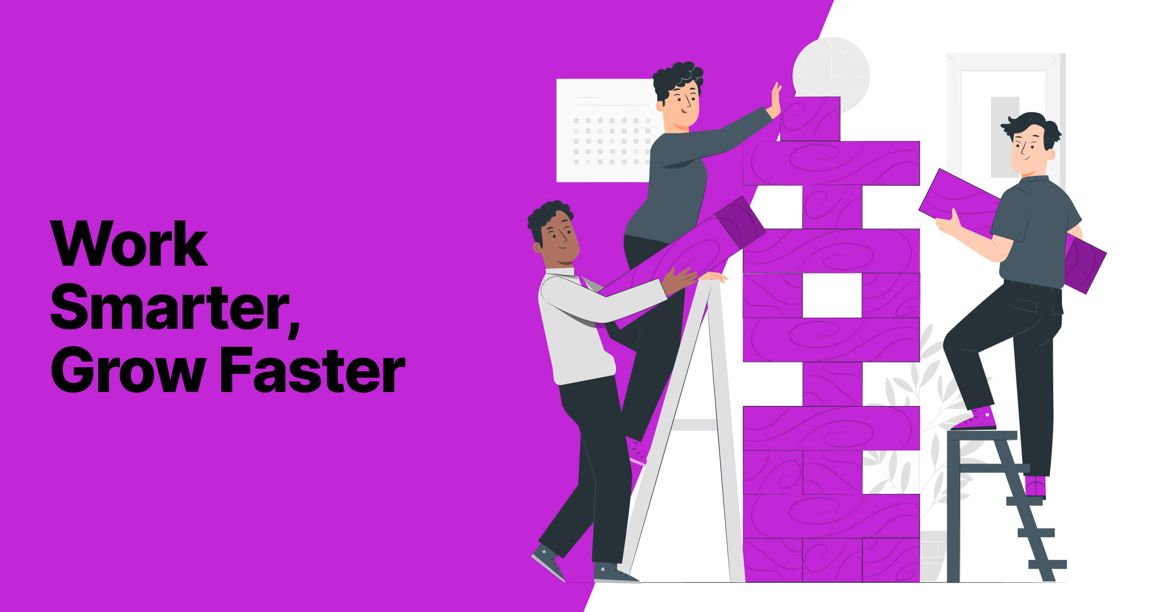 Illustration of three professionals constructing a human-shaped puzzle, symbolizing teamwork in Digital Agency Workflow, against a purple background with the motivational slogan 'Work Smarter, Grow Faster.