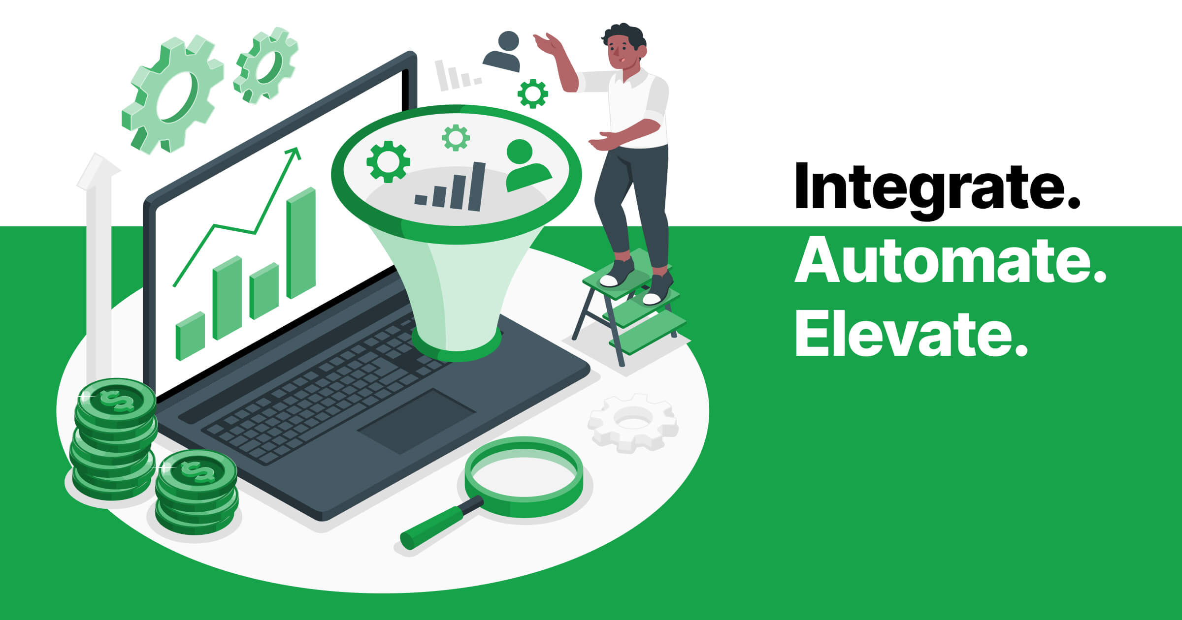 Illustrative image of an All in One Digital Marketing Platform concept with a person, a funnel, and a laptop displaying growth charts, highlighting the benefits of integration and automation in digital marketing.