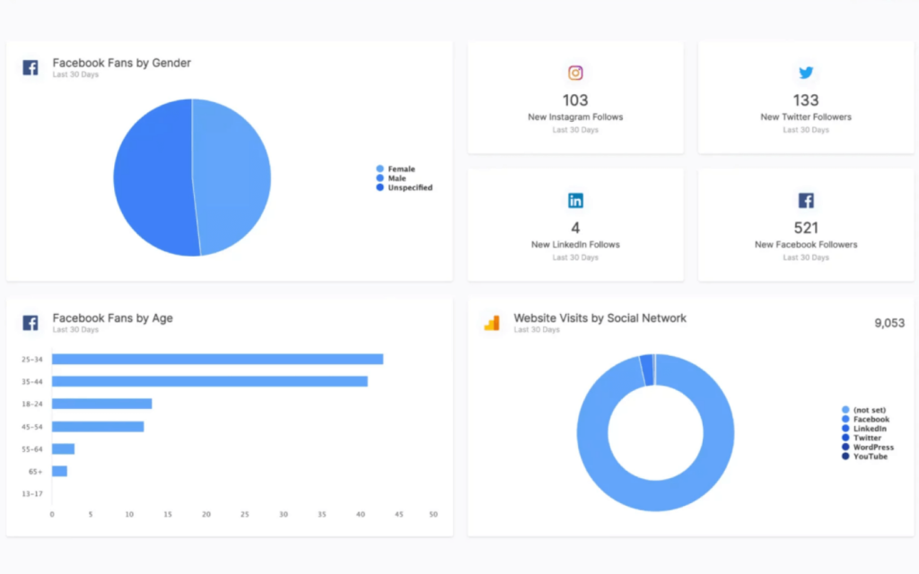 Social media analytics charts demonstrating 'Reporting Best Practices', including gender and age demographics for Facebook, follower growth on Instagram, Twitter, LinkedIn, and website traffic sources.