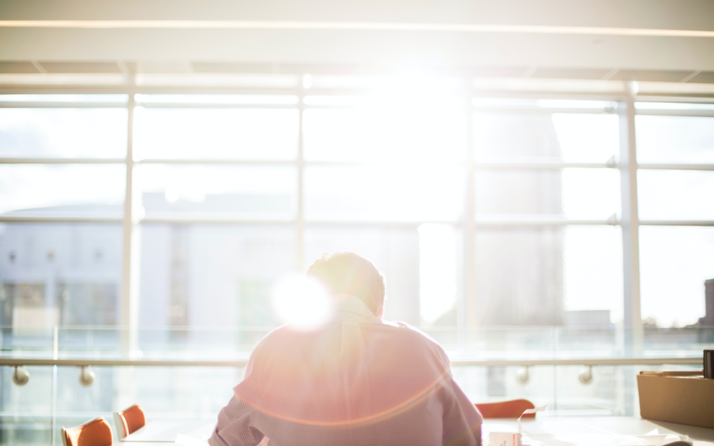 Back view of a professional evaluating email marketing performance metrics on a laptop in a sunlit office, symbolizing strategic thinking and analysis.