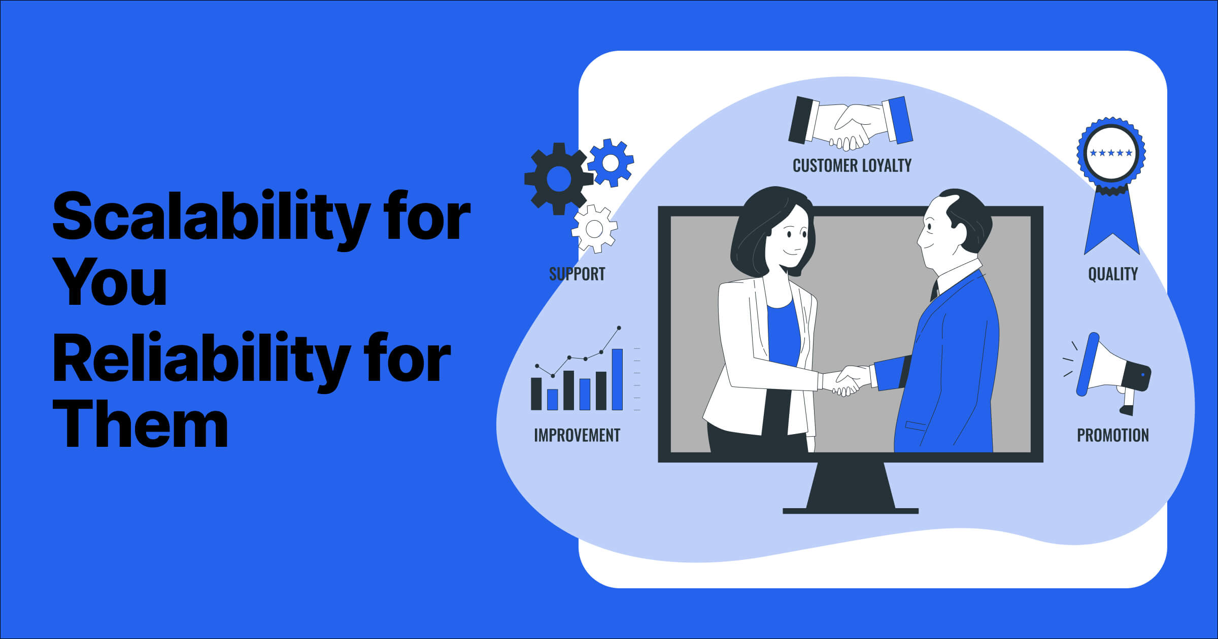 Graphic illustration highlighting the best CRM for digital marketing agencies, featuring scalability and reliability with symbols for support, customer loyalty, quality, and promotion, centered around a handshake between client and company representative