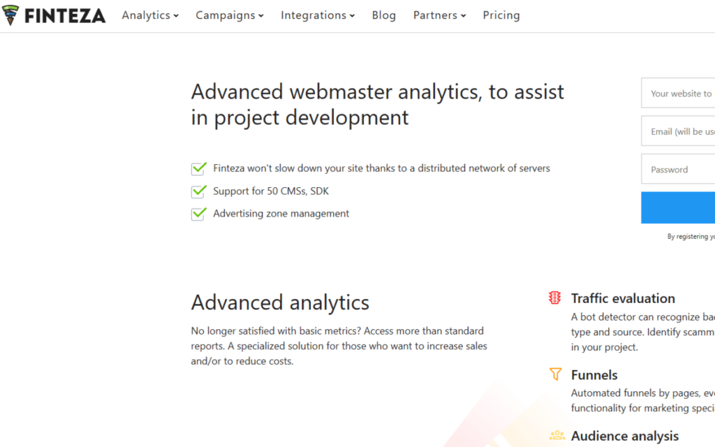 Web page of Finteza analytics tool outlining features like CMS support and advertising zone management for 'Affiliate Marketing for Beginners'.