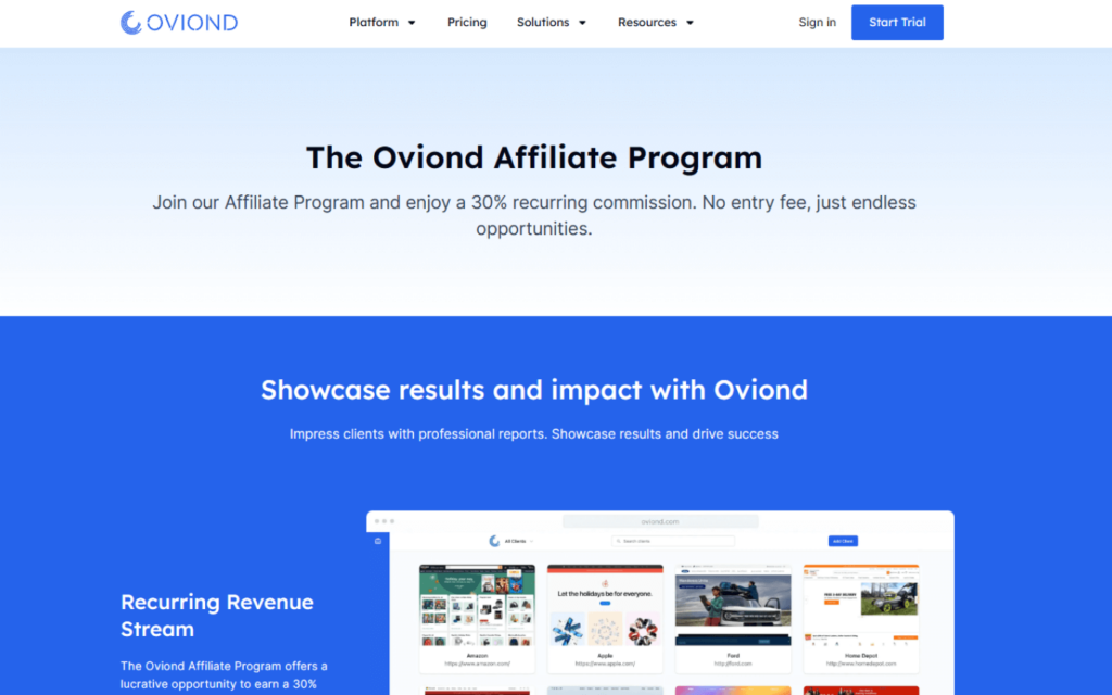 Webpage section highlighting the Oviond Affiliate Program as a starting point for affiliate marketing for beginners, with a promise of a 30% recurring commission.