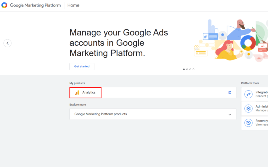 Screenshot of Google Marketing Platform with an emphasis on Analytics, a key tool for 'Affiliate Marketing for Beginners'.