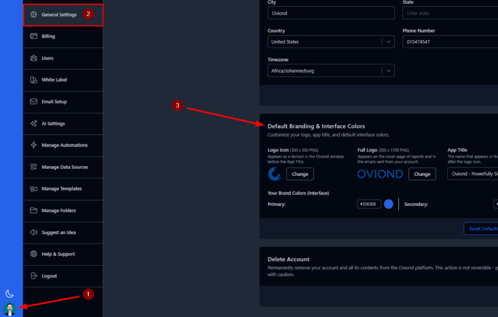 Configuration settings for a 'White Label SEO Reporting Dashboard' showing options to customize logo, branding colors, and app title for a personalized SEO reporting experience.