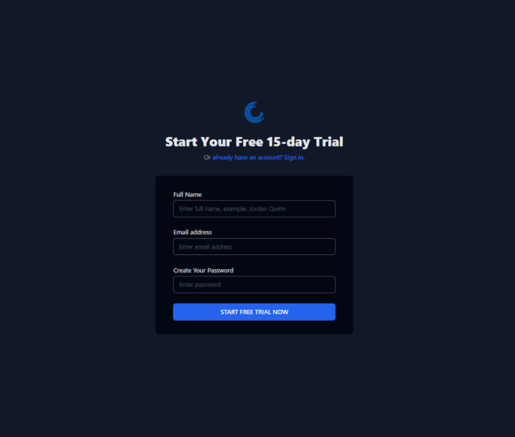 Sign-up page for a free 15-day trial, serving as a lead magnet to attract new users, with input fields for full name, email, and password.