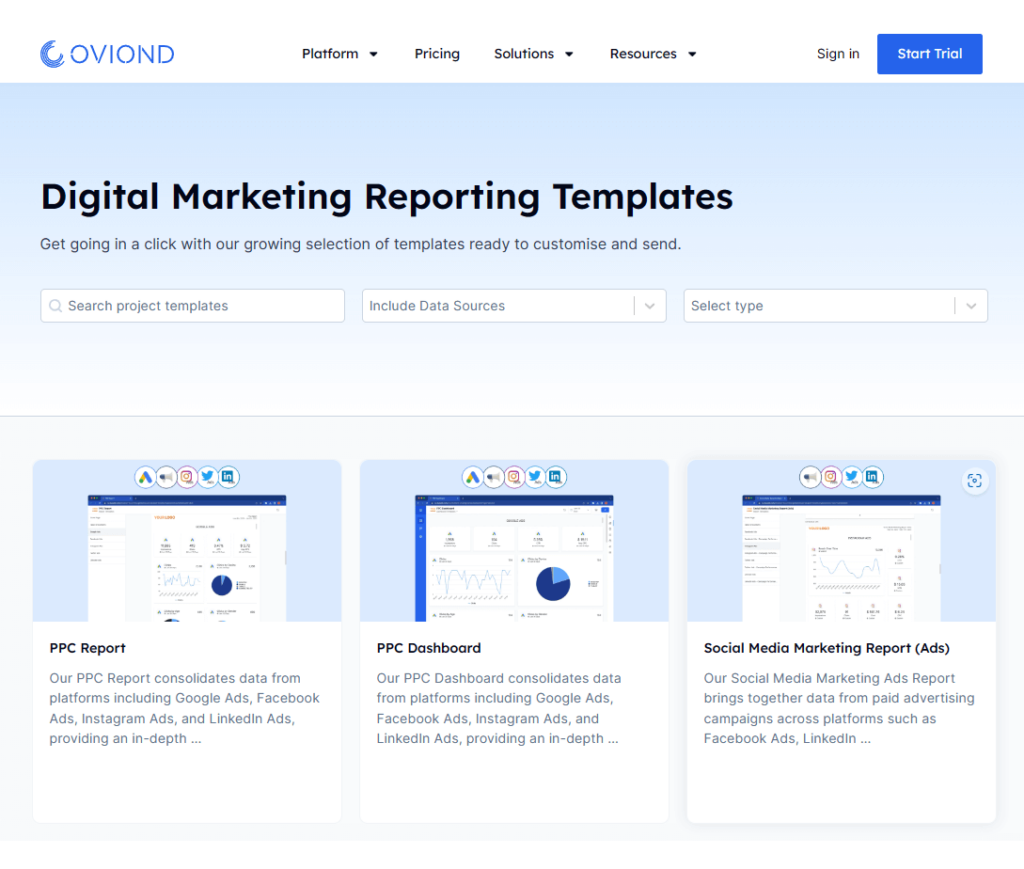 Screenshot of OVOIND’s digital marketing reporting templates page, potential lead magnets for marketing analytics, featuring PPC and social media report templates.