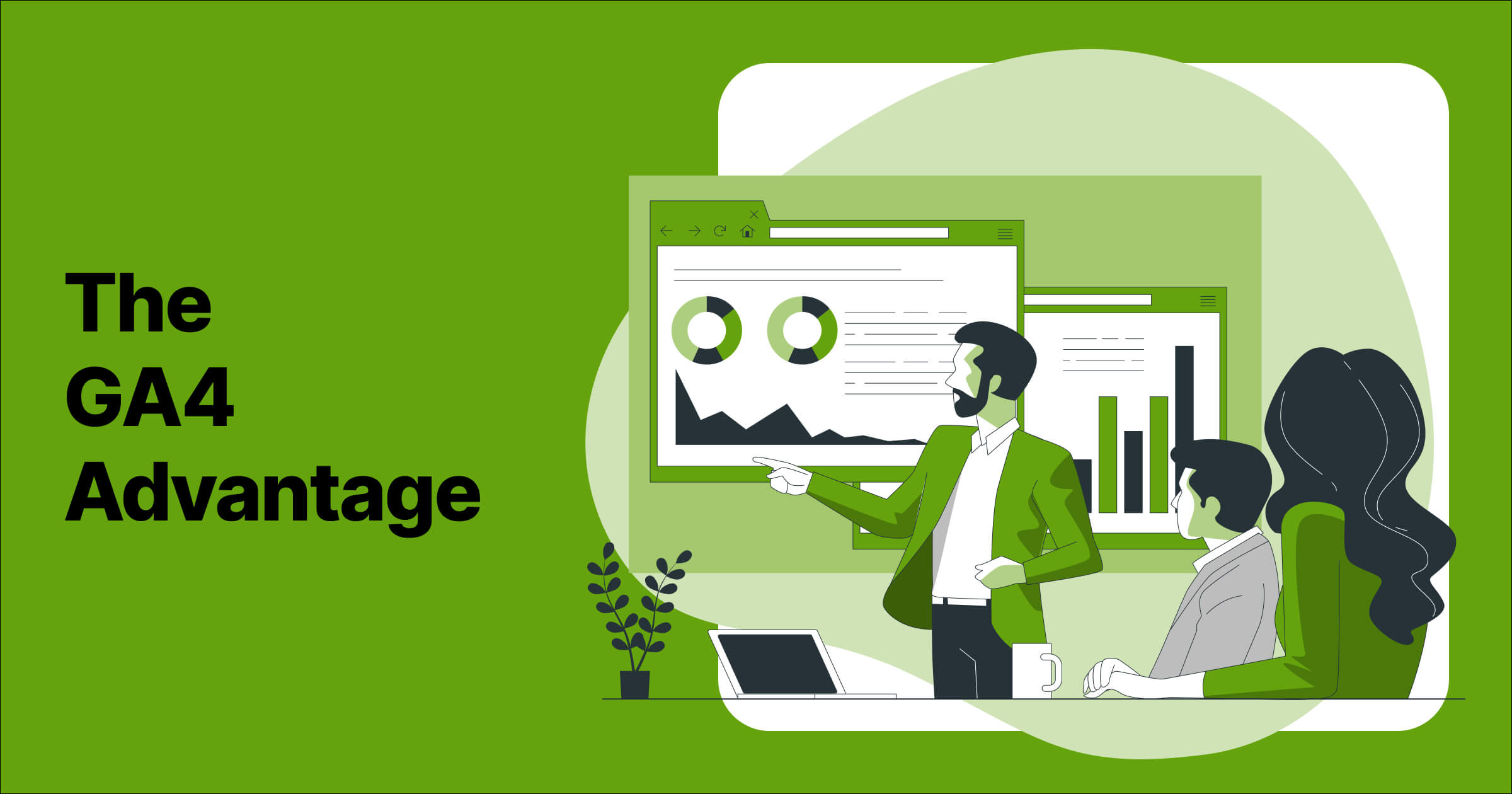 A professional team analyzes GA4 reports on a screen, highlighting the importance of data-driven decision-making in a vibrant green-themed office environment.