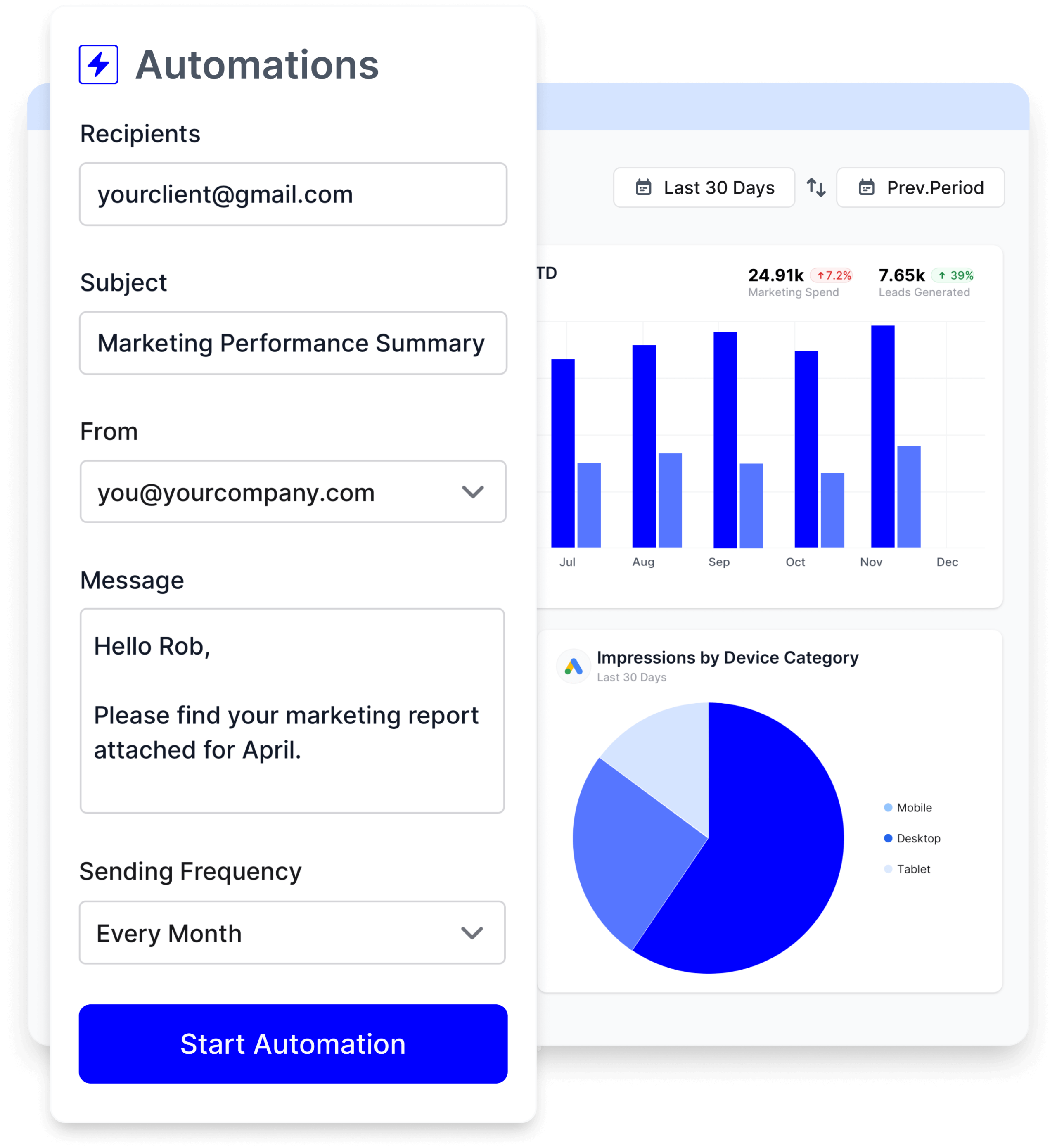 Screenshot of Oviond’s automated report scheduling feature showing set intervals for sending reports to clients.